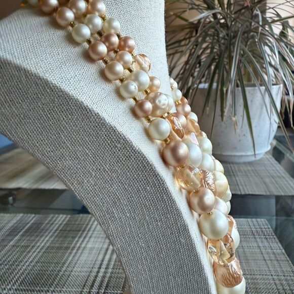 Vintage Triple Strand Japan Signed Faux Pearl, Crystal, Silk,Glass Bead Necklace - Picture 4 of 7
